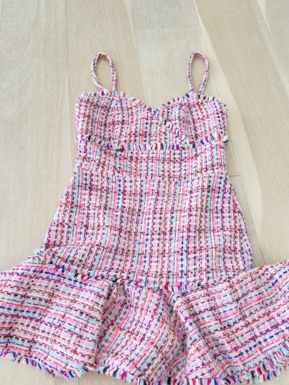 NWT Lovers + Frends Pink Tweed Ruffle-Hem Mini Dress - Picture 2 of 5
